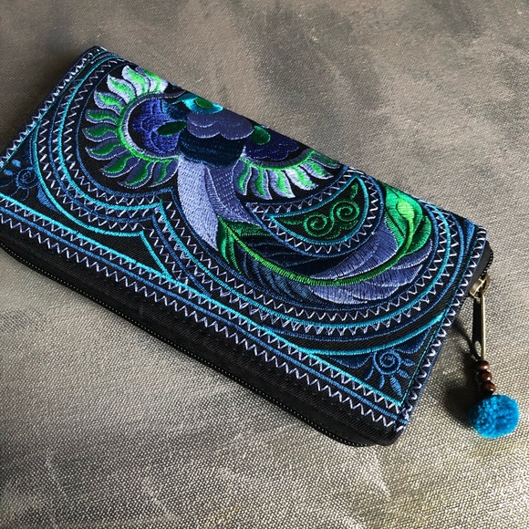 Embroidered Blue Feather Graphic Wallet / Clutch - Picture 4 of 8